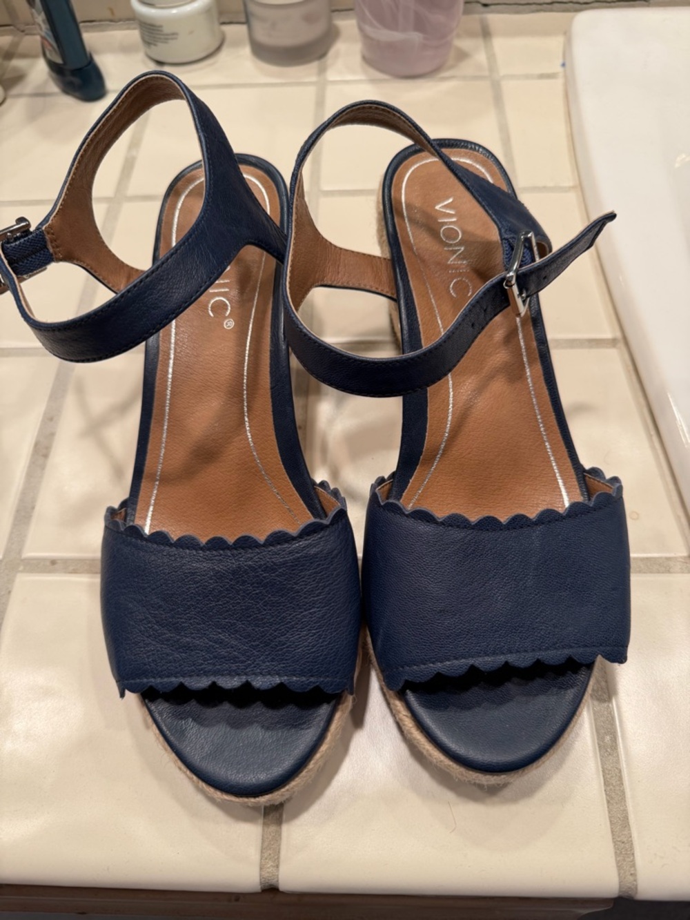 Vionic Navy Scalloped Ankle-Strap Wedge Sandals